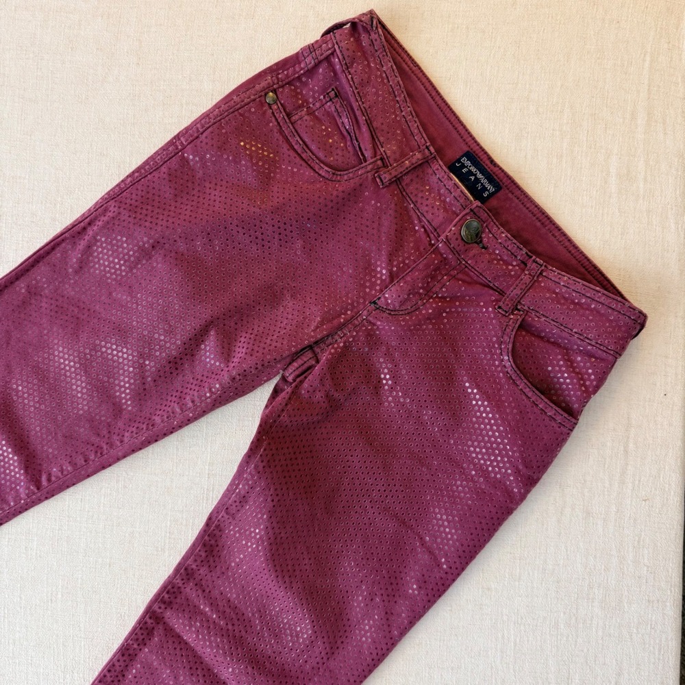 Emporio Armani Jean Kate Skinny Burgundy Metallic Foil Dot Pants 27 Low Rise y2k